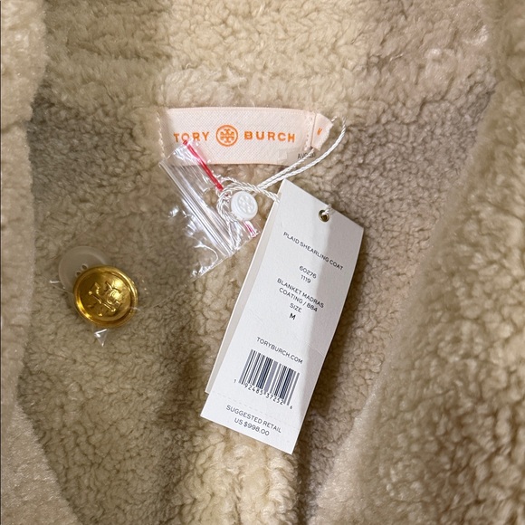 Tory Burch Black, Brown & Cream Plaid Sherpa-Trim Double-Breasted Pea Coat - Picture 2 of 9